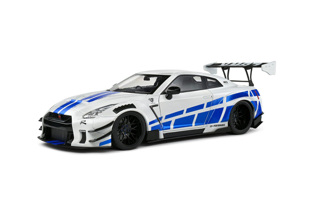 2024 Nissan GT-R (R35) Liberty Walk 2.0 Body Kit Blanco/Azul 1:18 Solido S1805816