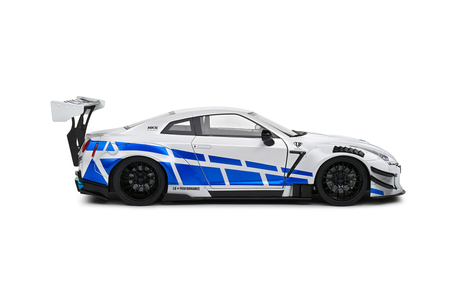 2024 Nissan GT-R (R35) Liberty Walk 2.0 Body Kit Blanco/Azul 1:18 Solido S1805816