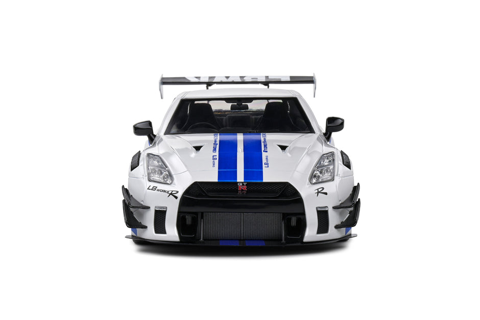 2024 Nissan GT-R (R35) Liberty Walk 2.0 Body Kit Blanco/Azul 1:18 Solido S1805816