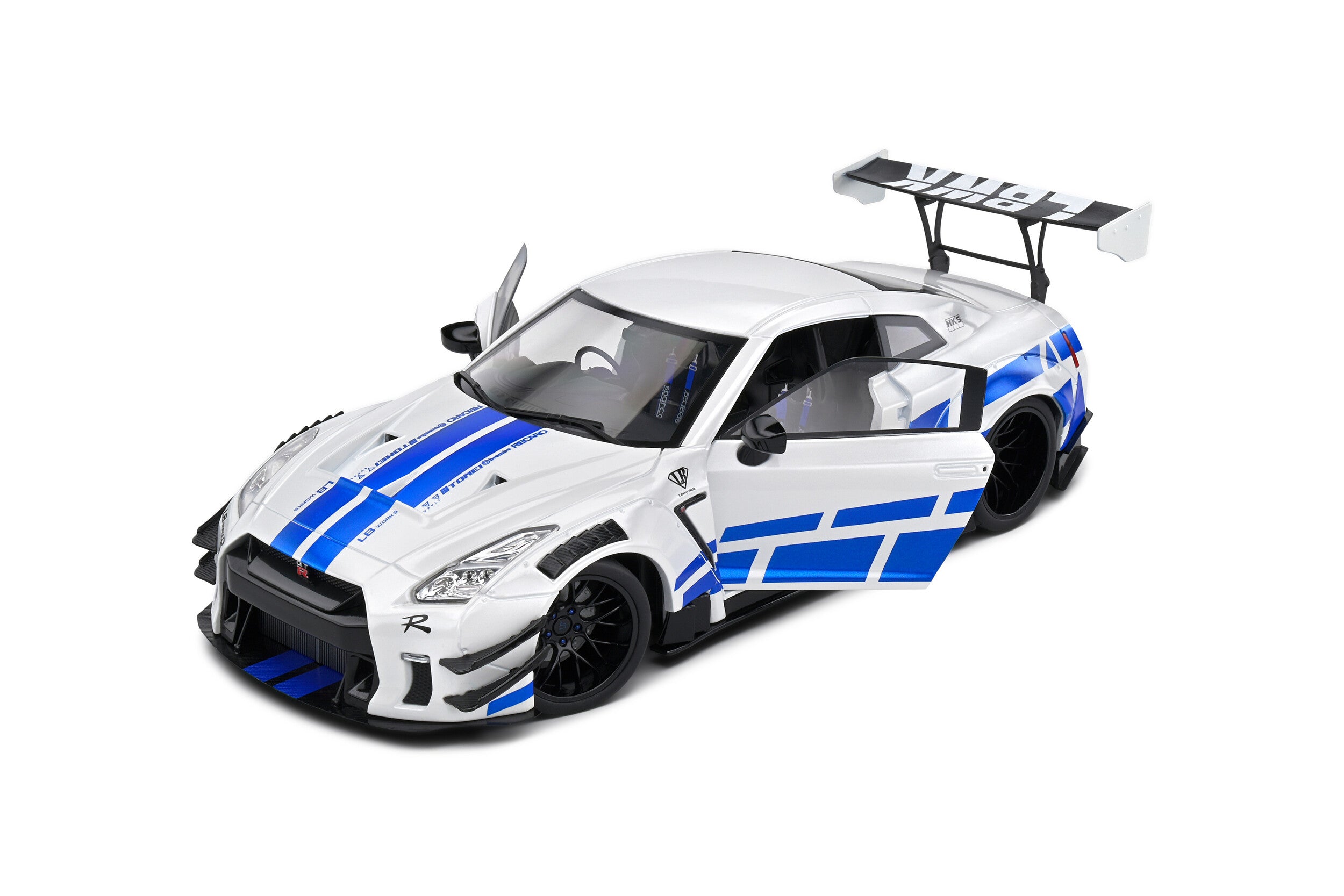 2024 Nissan GT-R (R35) Liberty Walk 2.0 Body Kit Blanco/Azul 1:18 Solido S1805816