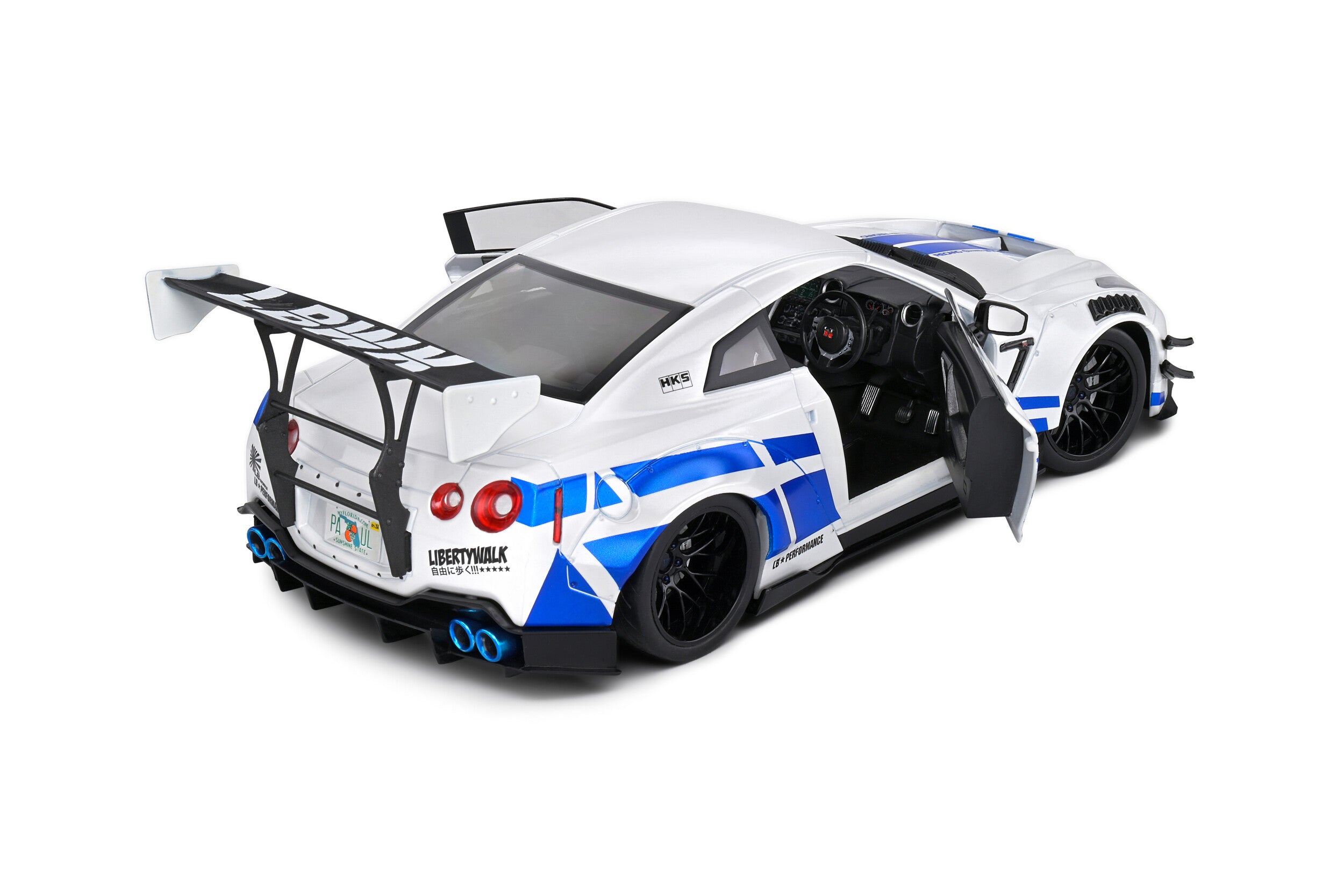 2024 Nissan GT-R (R35) Liberty Walk 2.0 Body Kit Blanco/Azul 1:18 Solido S1805816