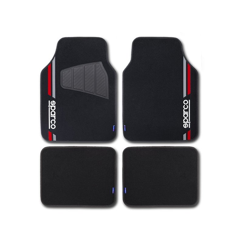 Set Completo 4 Piezas Alfombras Sparco De Moqueta, Modelo Corsa Negro/Rojo