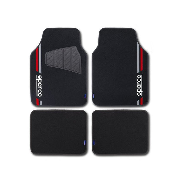 Set Completo 4 Piezas Alfombras Sparco De Moqueta, Modelo Corsa Negro/Rojo