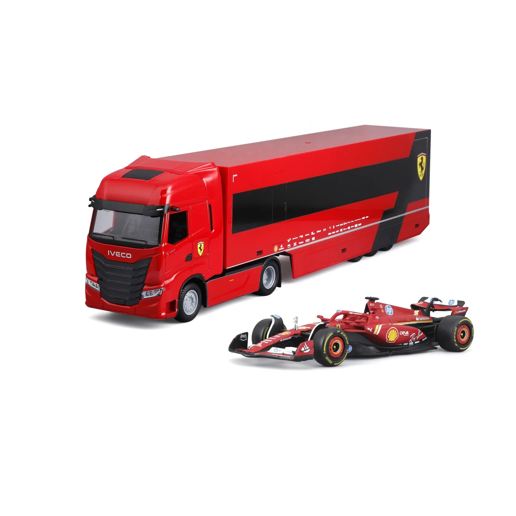 2024 Camión Iveco Fiat S-Way 570 Scuderia Ferrari F1 + SF-24 Nº16 Charles Leclerc 1:43 Bburago 18-36867