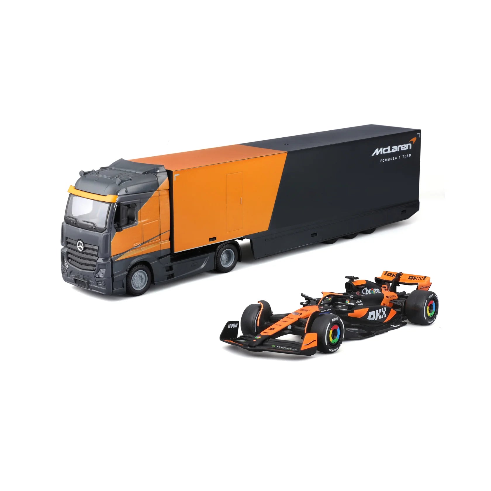 2024 Camión Mercedes-Benz Actros Escudería McLaren F1 Team + MCL38 Nº4 Lando Norris 1:43 Bburago 18-38401