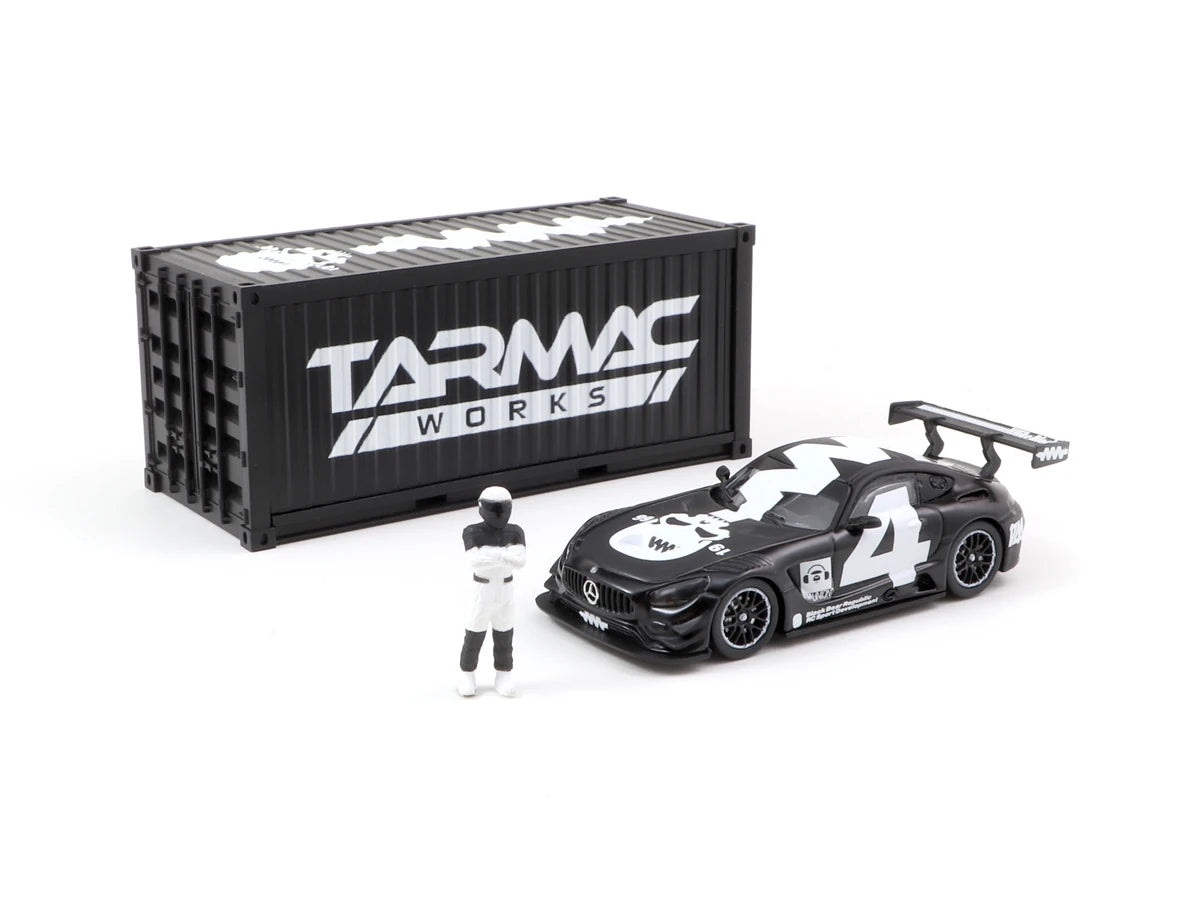 2018 Mercedes AMG GT3 Nº4 con Container y Figura Negro/Blanco 164 Tarmac T64-008-4A4W