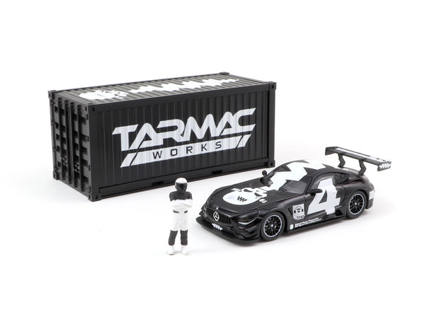 2018 Mercedes AMG GT3 Nº4 con Container y Figura Negro/Blanco 164 Tarmac T64-008-4A4W