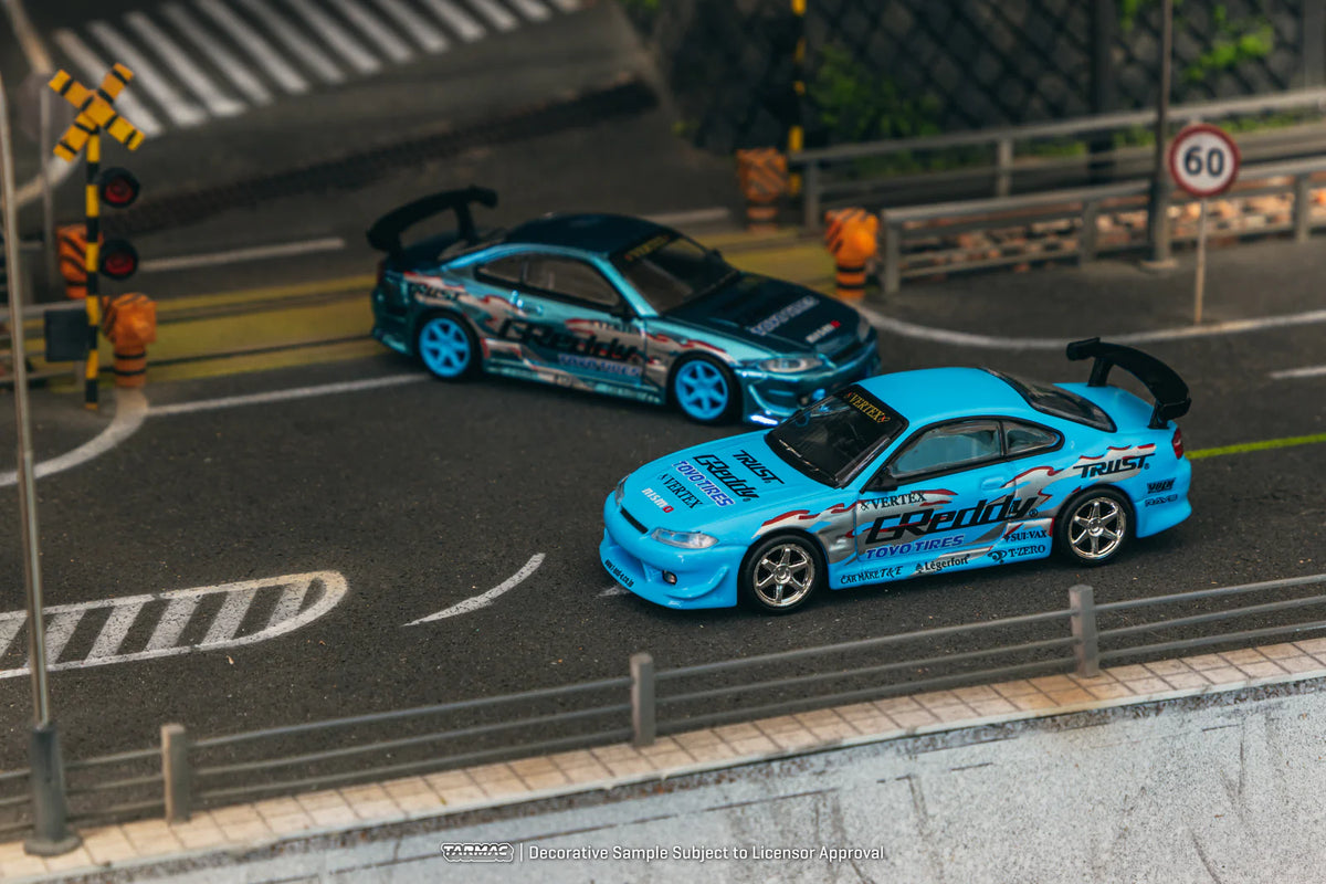 1999 Nissan Silvia S15 Vertex Greddy Azul Decorado 164 Tarmac T64G-023-GDY