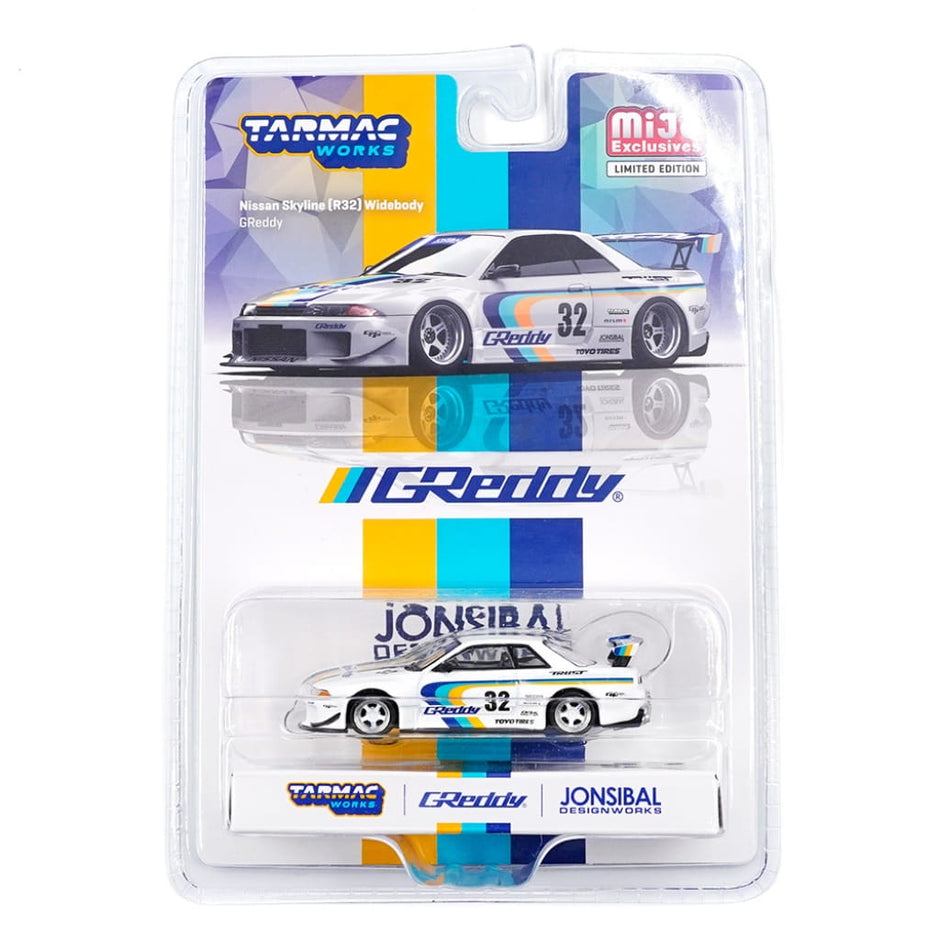 1991 Nissan Skyline GT-R R32 Widebody Jonsibal Designworks Greddy Limited Blanco 1:64 Tarmac T64G-061-GDY