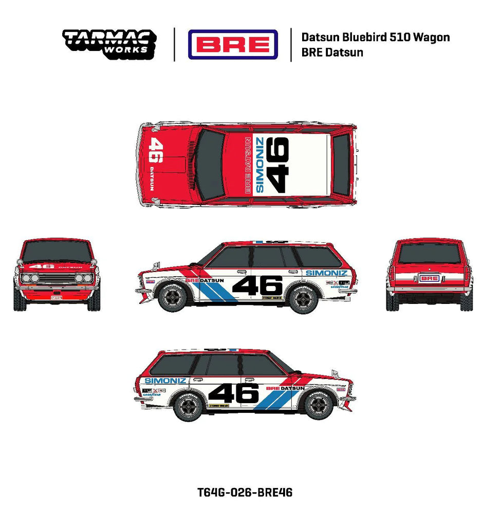 1970 Datsun Bluebird 510 Wagon BRE Nº46 Rojo/Blanco/Azul 164 Tarmac T64G-026-BRE46