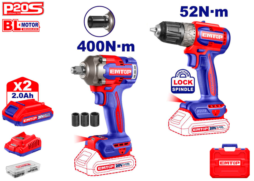 KIT TALADRO + PISTOLA DE IMPACTO 400NM EMTOP