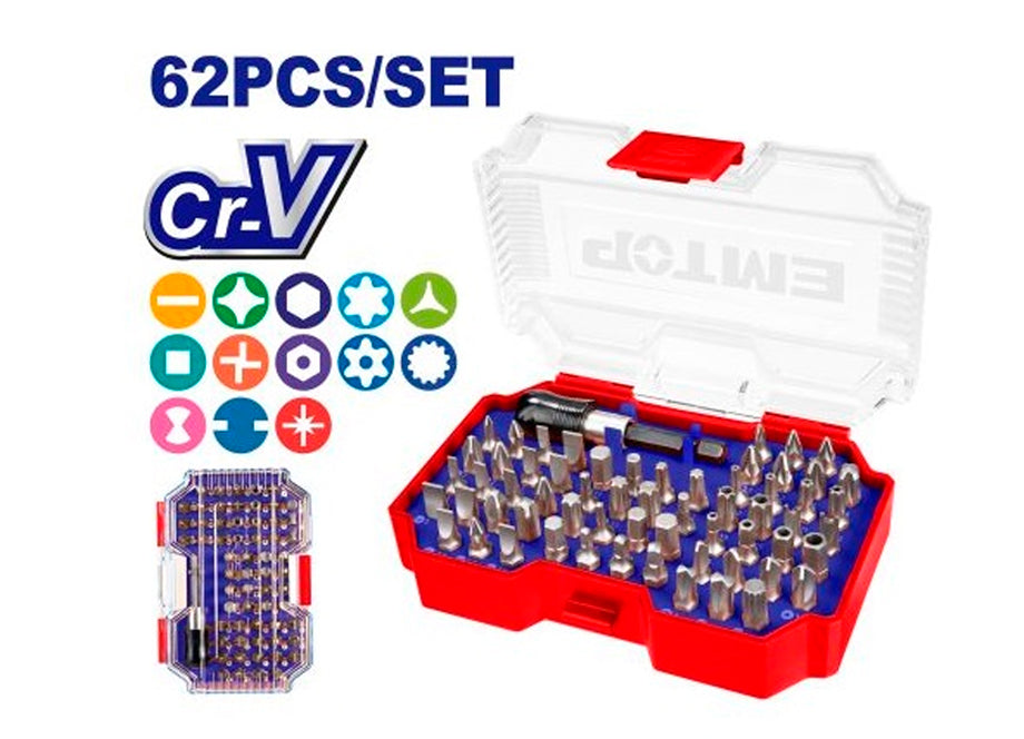 CAJA 62 PUNTERAS Y SOPORTE DESTORNILLADOR EMTOP