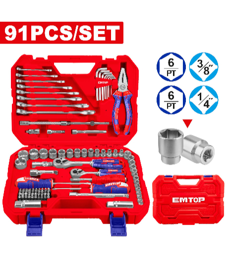 MALETÍN LLAVES, ALICATES Y CUBOS 1/4"-3/8" 91 PIEZAS EMTOP