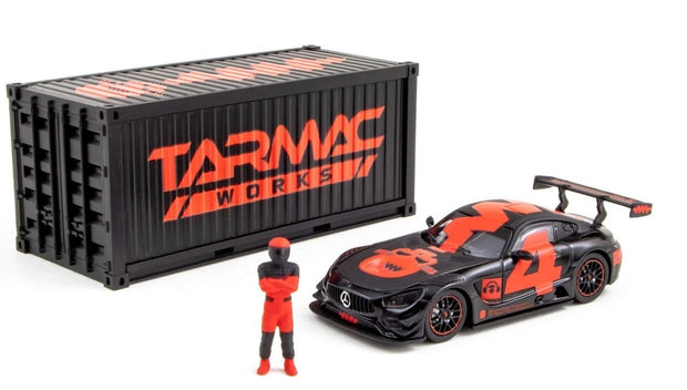 2018 Mercedes AMG GT3 Nº4 con Container y Figura Negro/Rojo 164 Tarmac T64-008-4A4R