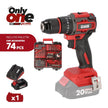 TALADRO PERCUTOR 20V + 74 ACCESORIOS ONLY ONE AICER (1X 2.0AH)
