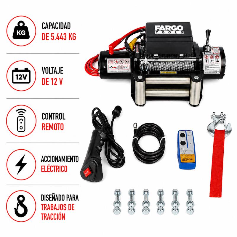 WINCHE ELECTRICO CONTROL REMOTO 12V FARGO TOOLS 5.443 KGS